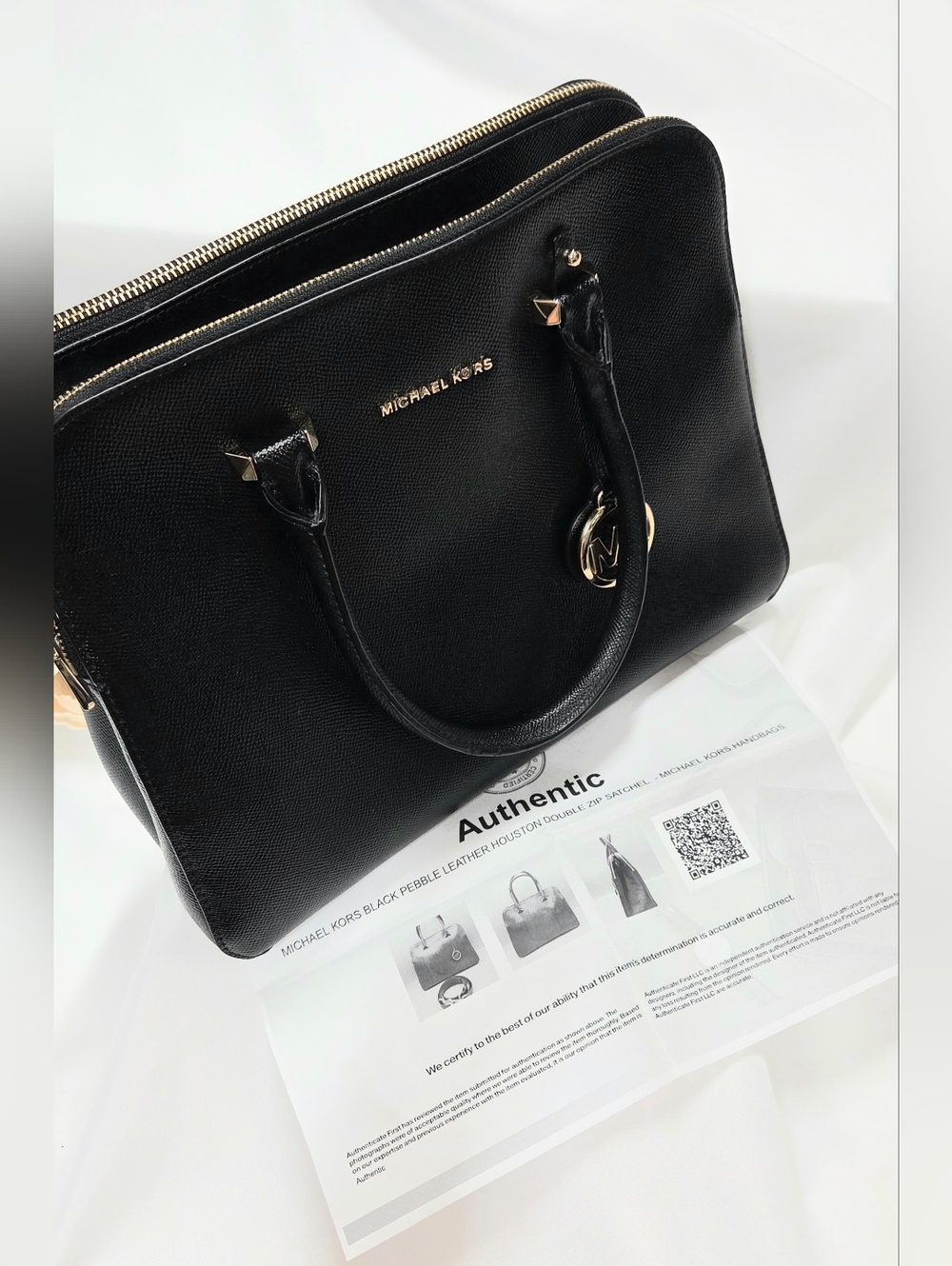 Michaek Kors Houston Double-Zip Crossgrain Black Leather Satchel